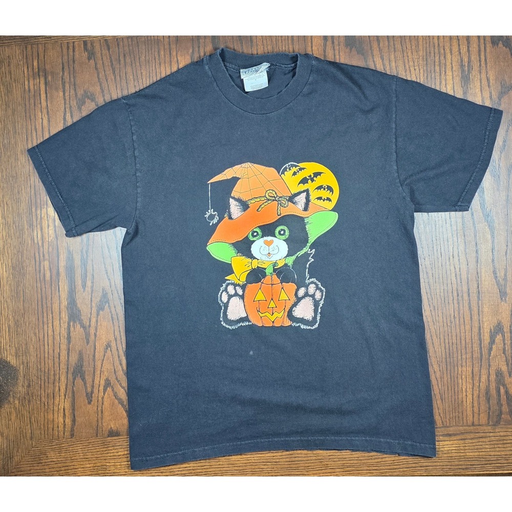 Vintage Basic Editions Halloween Black Cat Witch Hat T-Shirt Black Medium